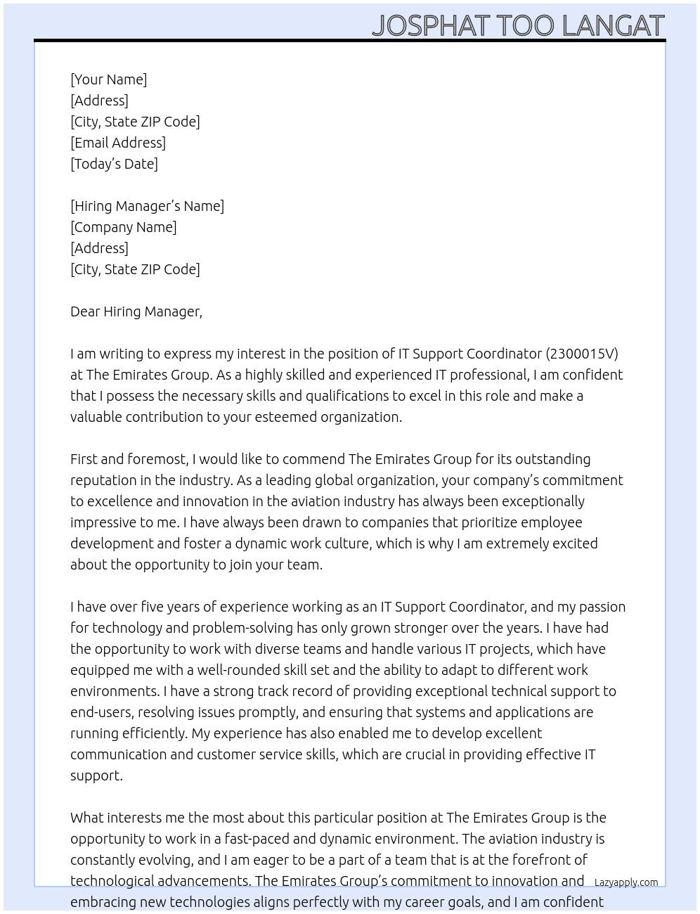 IT Support Coordinator - 2300015V At The Emirates Group Cover Letter