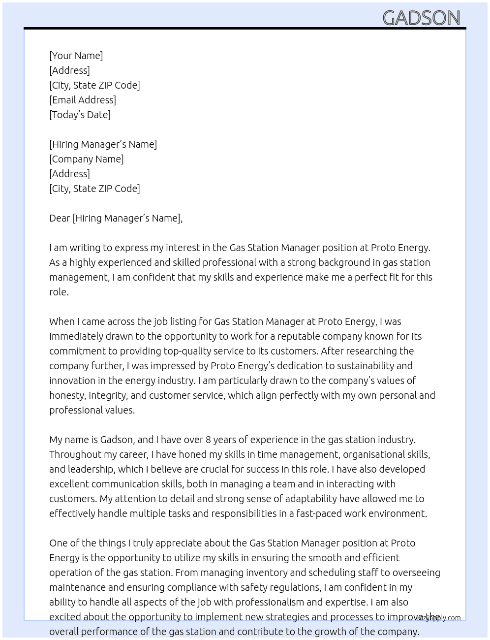 Gas Station Manager  At Proto Energy Cover Letter