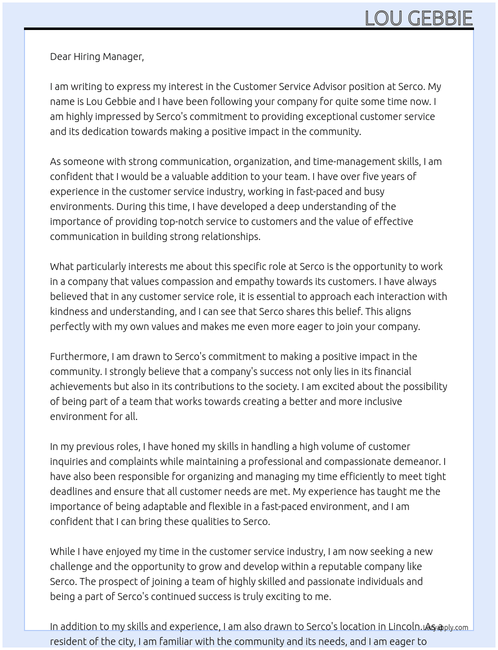 Customer Service Advicor At Serco Cover Letter