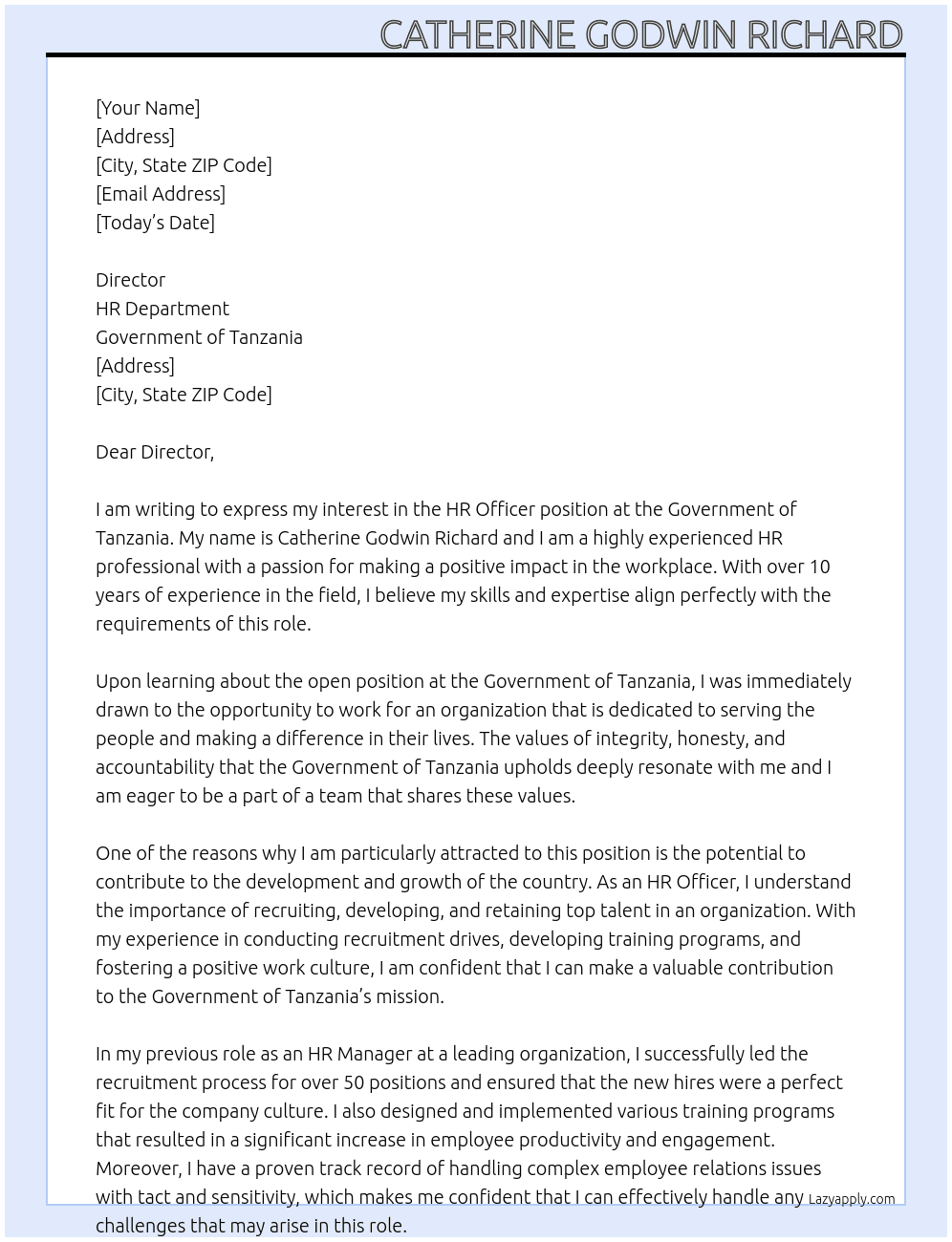 HR OFFICER  At Government of Tanzania Cover Letter