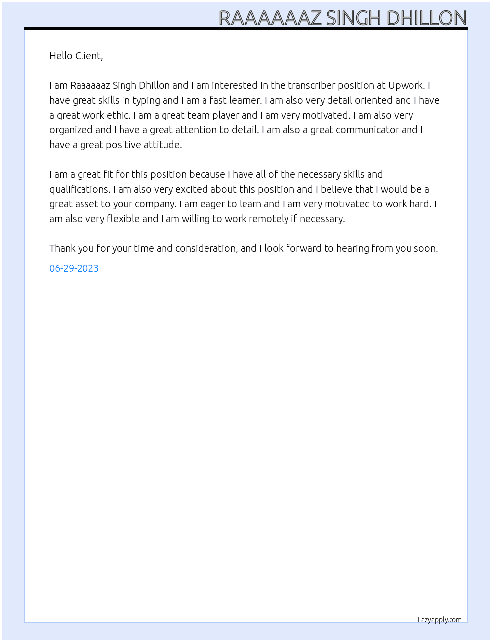 Transcriber At Upwork Cover Letter