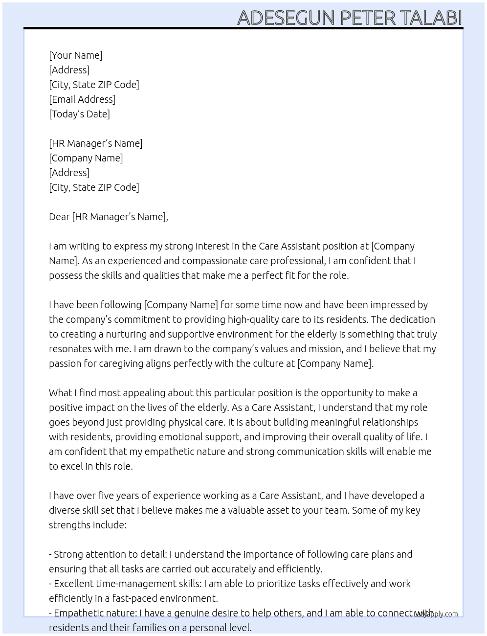 Care Assistant At Care Home Cover Letter