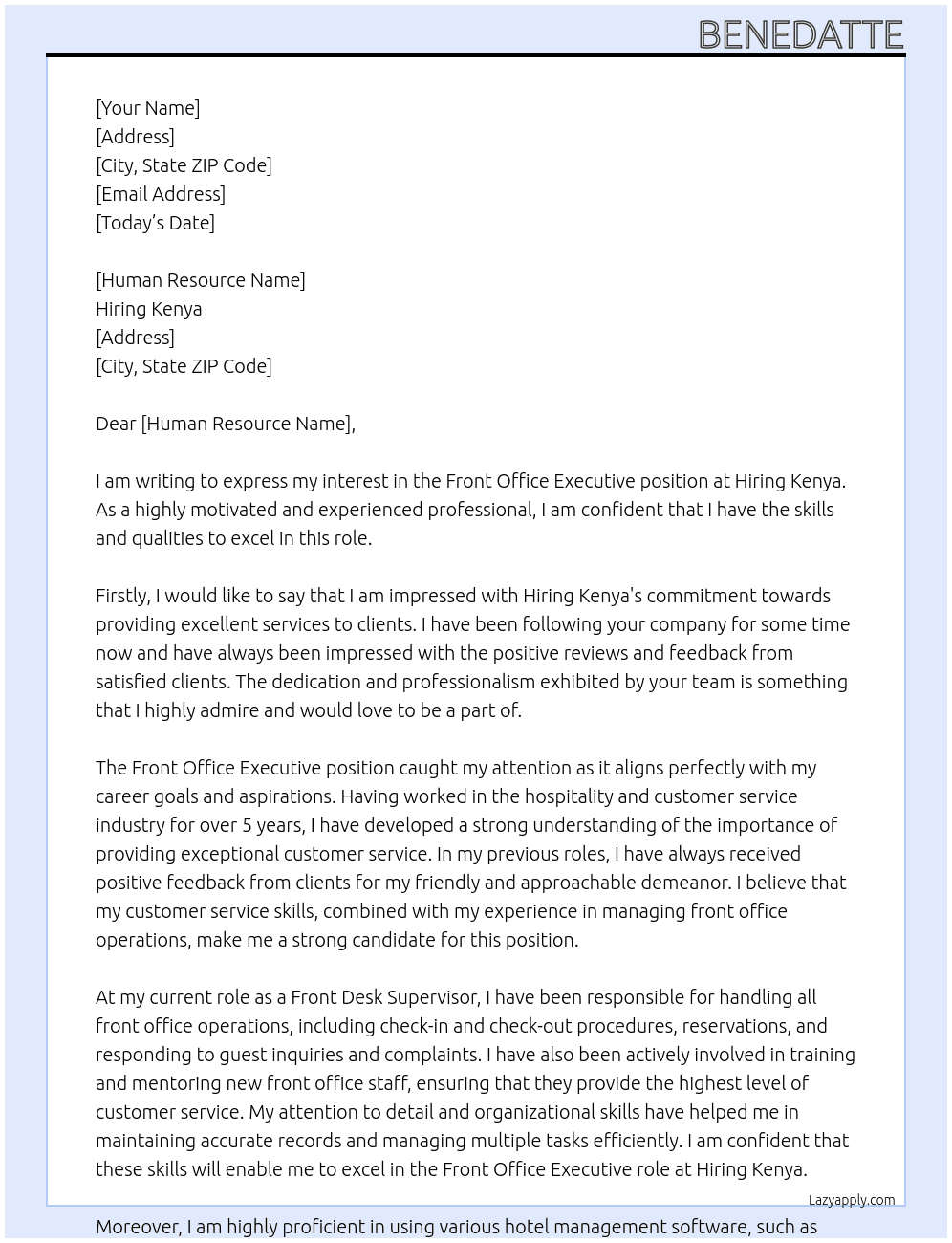 Front office Executive  At Hiring Kenya Cover Letter