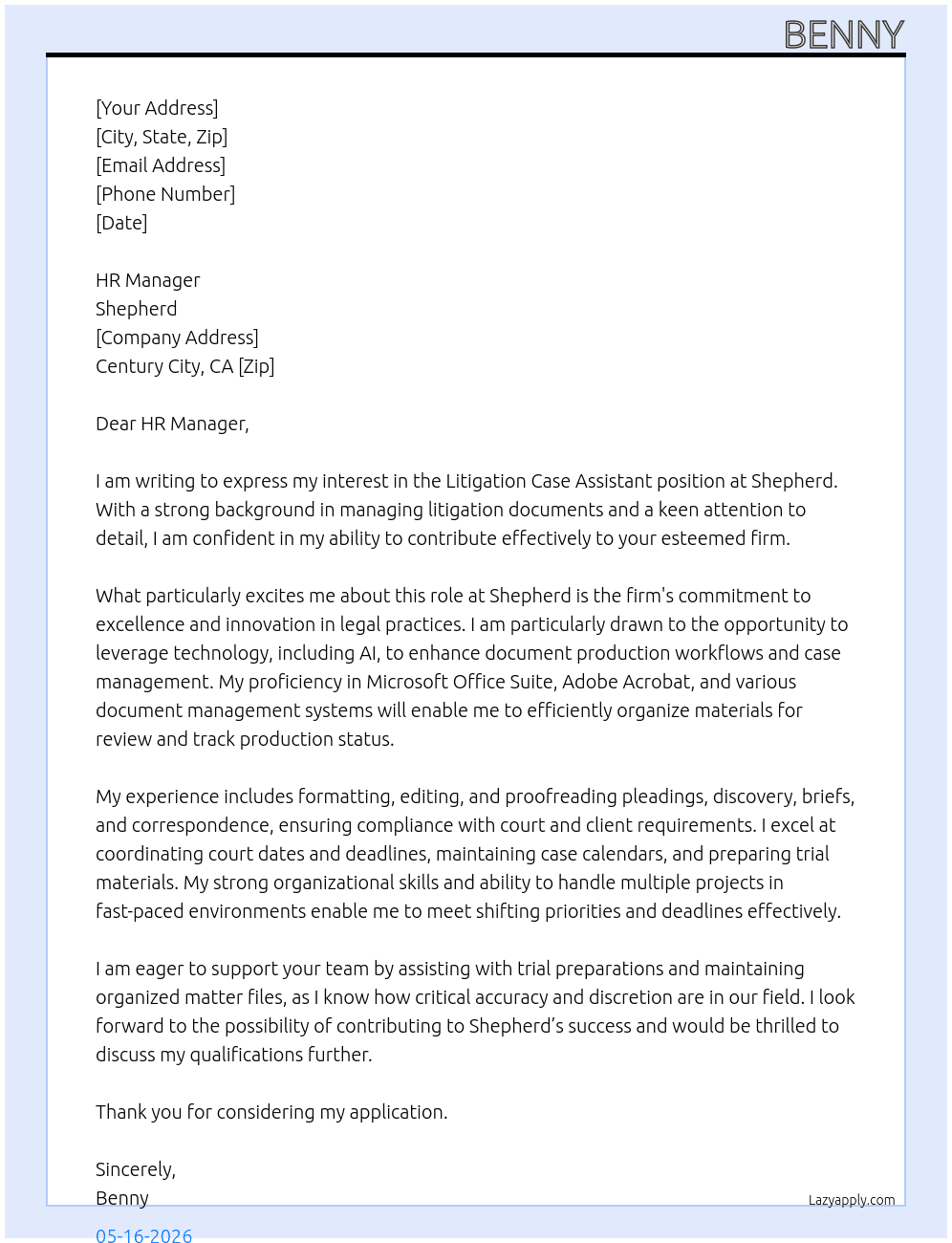 Litigation case assistant At Shepherd Cover Letter