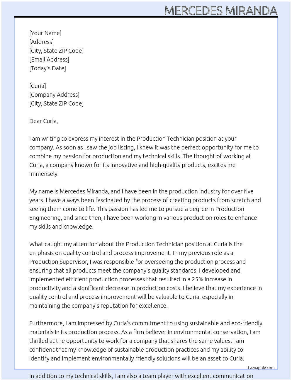 Production technician At Curia Cover Letter