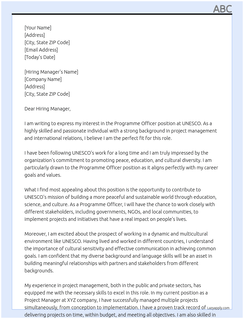 Programme officer At UNESCO Cover Letter