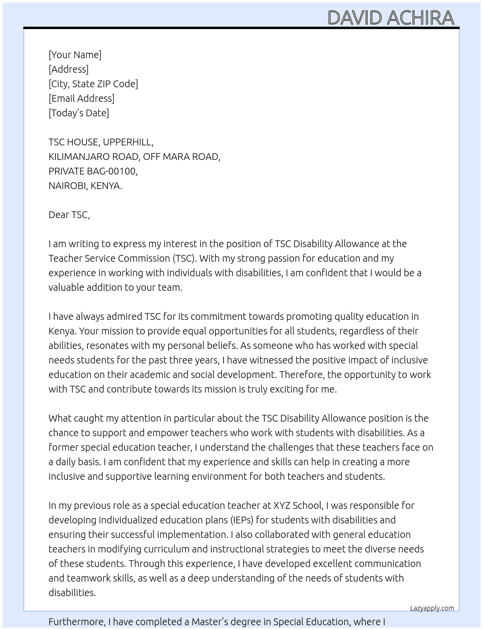 Cover letter for application for tsc disability allowance - LazyApply