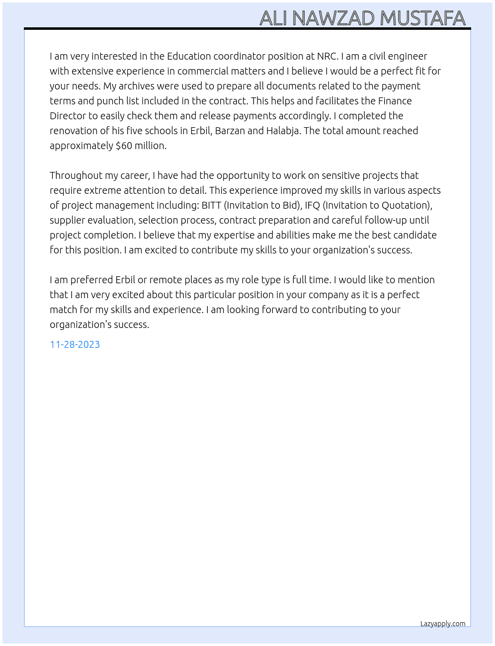 Cover letter for education coordinator - LazyApply