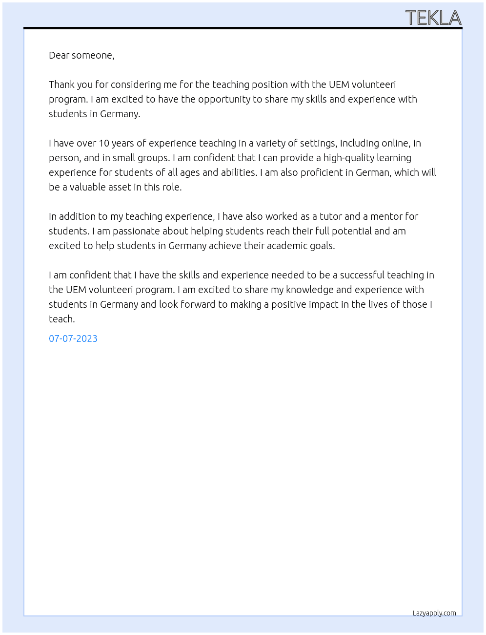 Teaching At UEM volunteeri program Cover Letter