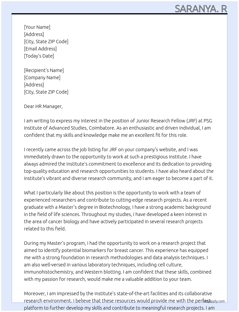 Junior Research Fellow (JRF At PSG Institute of Advanced Studies, Coimbatore Cover Letter