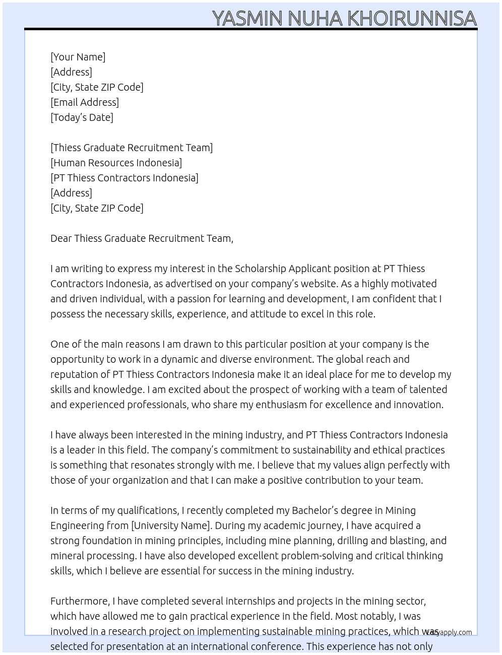 Scholarship Applicant At PT Thiess Contractors Indonesia Cover Letter