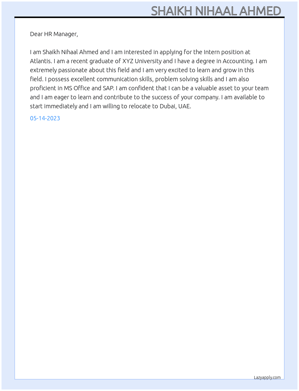 Intern At Atlantis  Cover Letter
