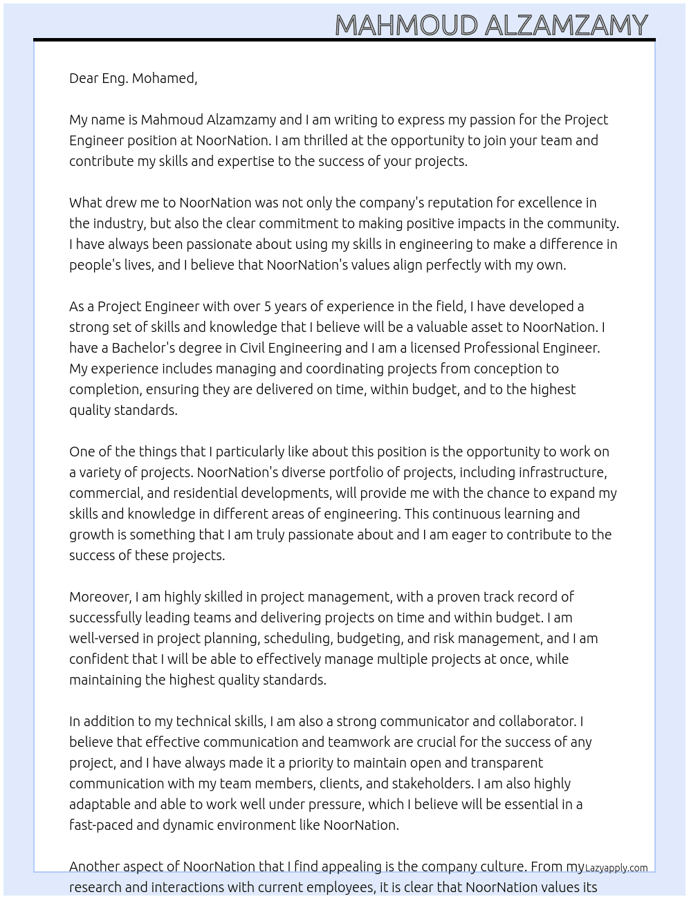 Project Engineer  At NoorNation Cover Letter