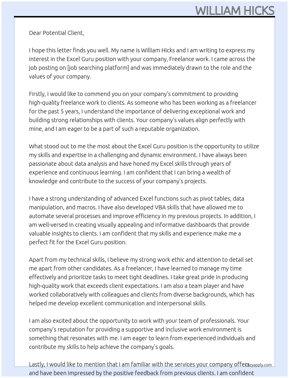 Excel Guru At Freelance work Cover Letter