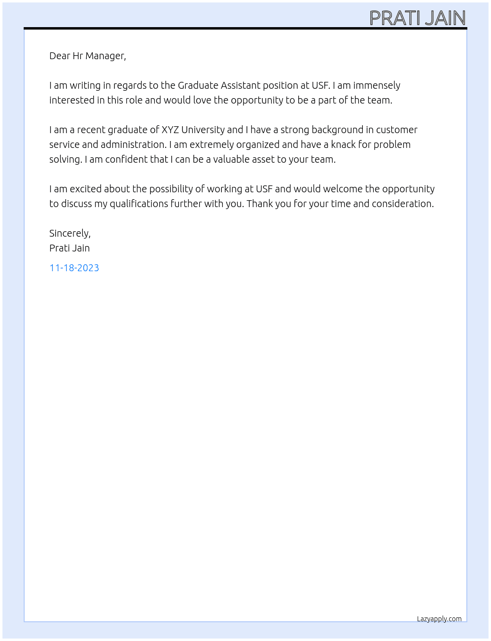 Graduate Assistant  At USF Cover Letter
