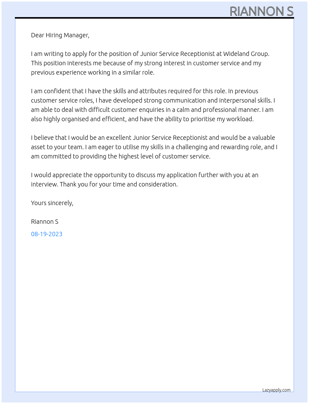 Junior Service Receptionist At Wideland Group Cover Letter