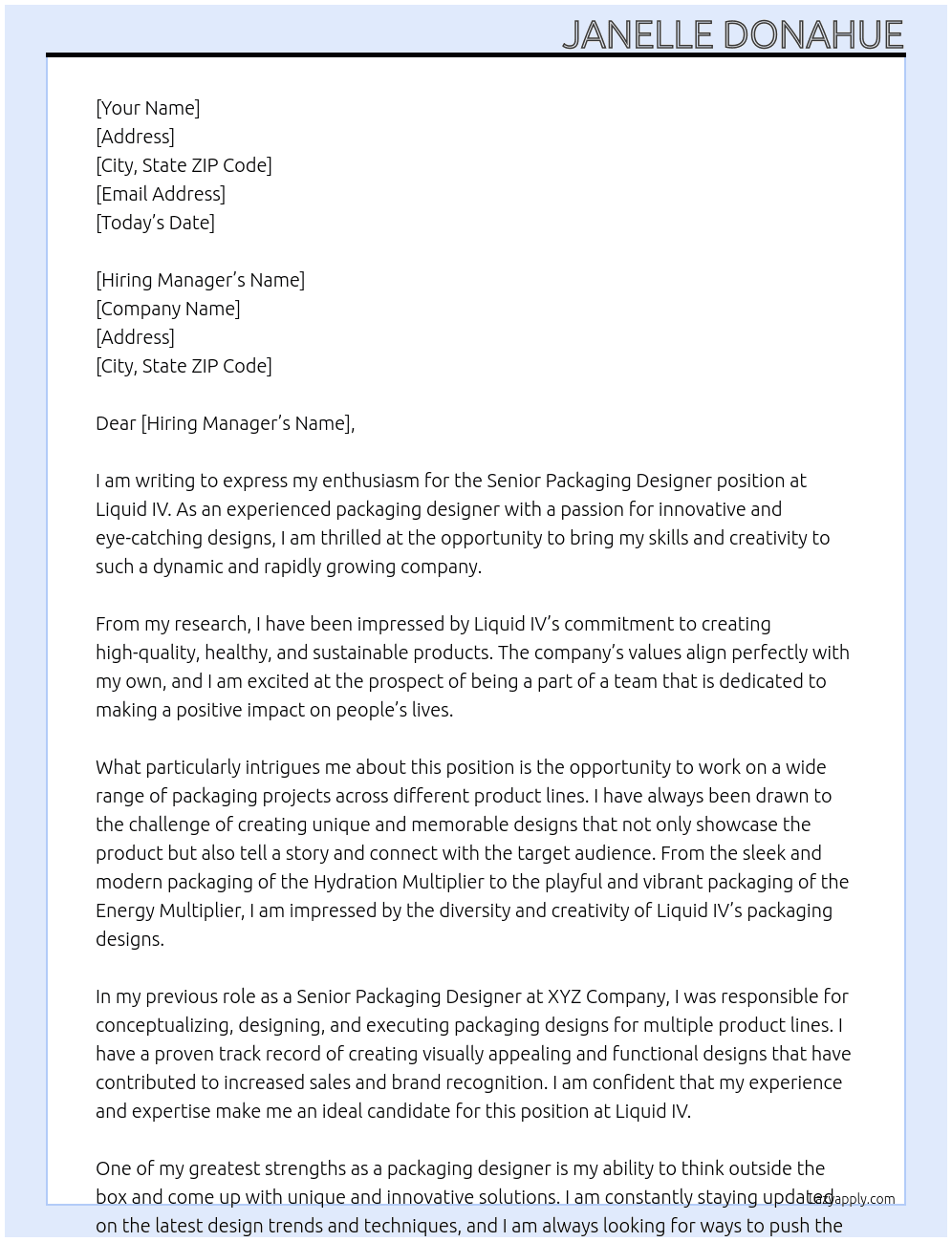 Senior Packaging Designer At Liquid IV Cover Letter
