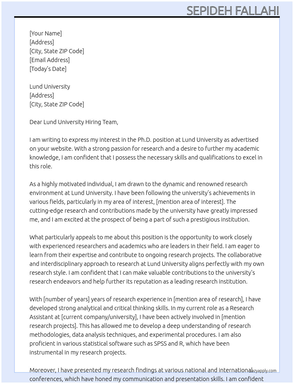 phd position At Lund University Cover Letter