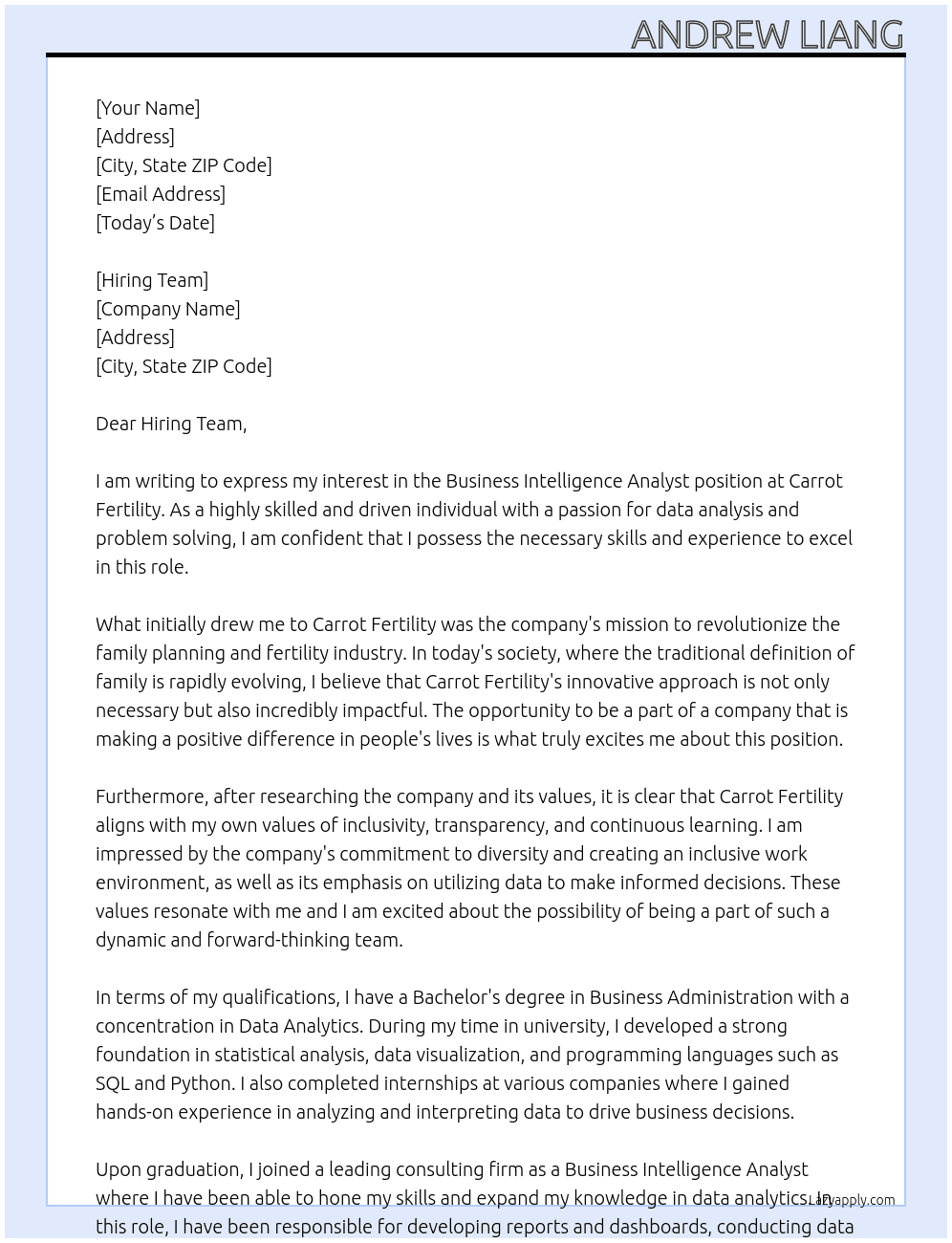 Business Intelligence Analyst At Carrot Fertility Cover Letter