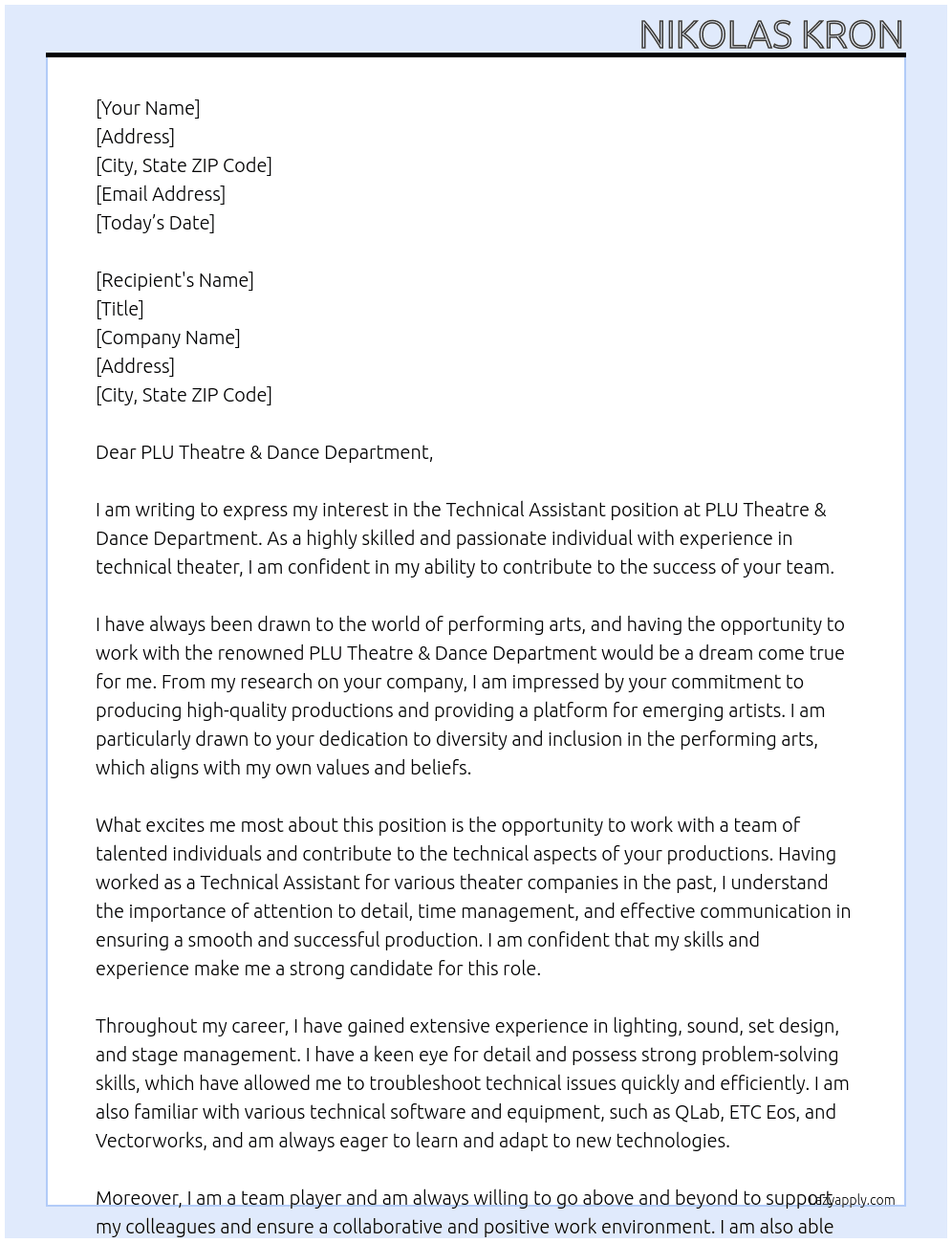 technical assistants At PLU Theatre & Dance Department Cover Letter