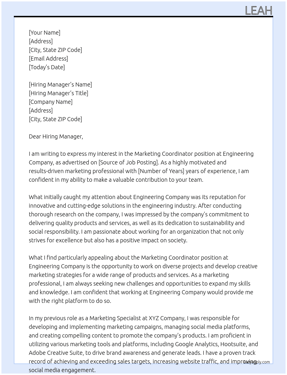 Marketing Coordinator At Engineering Company Cover Letter