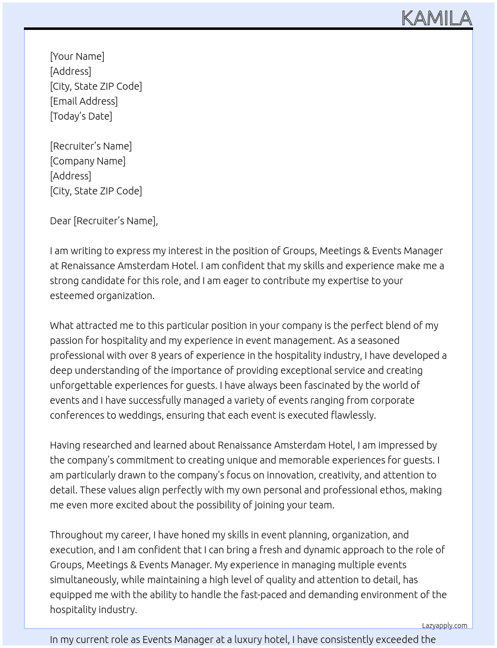 Groups, Meetings & Events Manager At Renaissance Amsterdam Hotel  Cover Letter