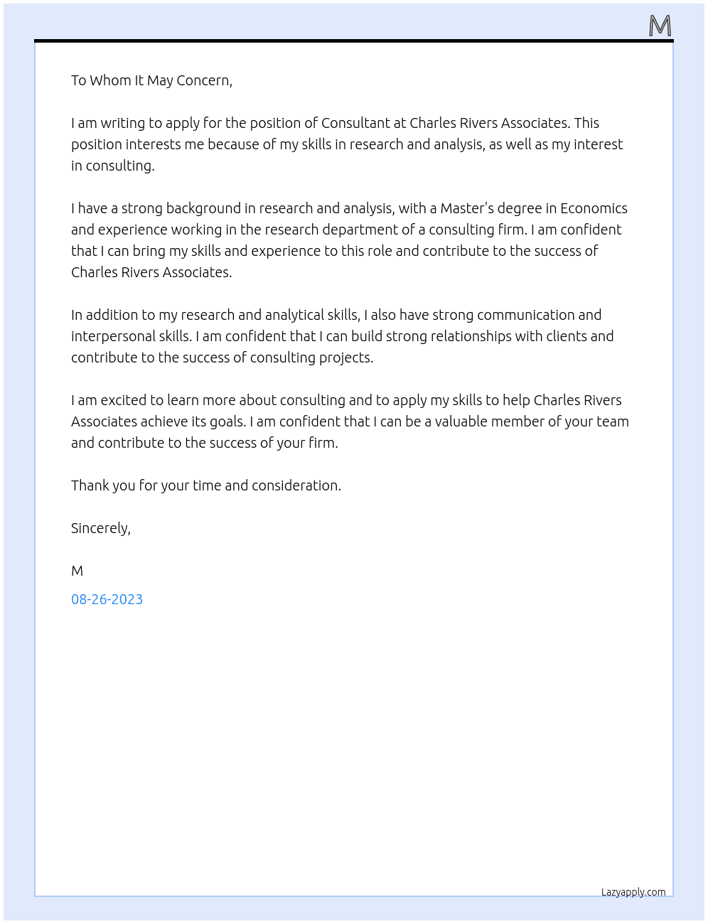Consultant At Charles Rivers Associates Cover Letter