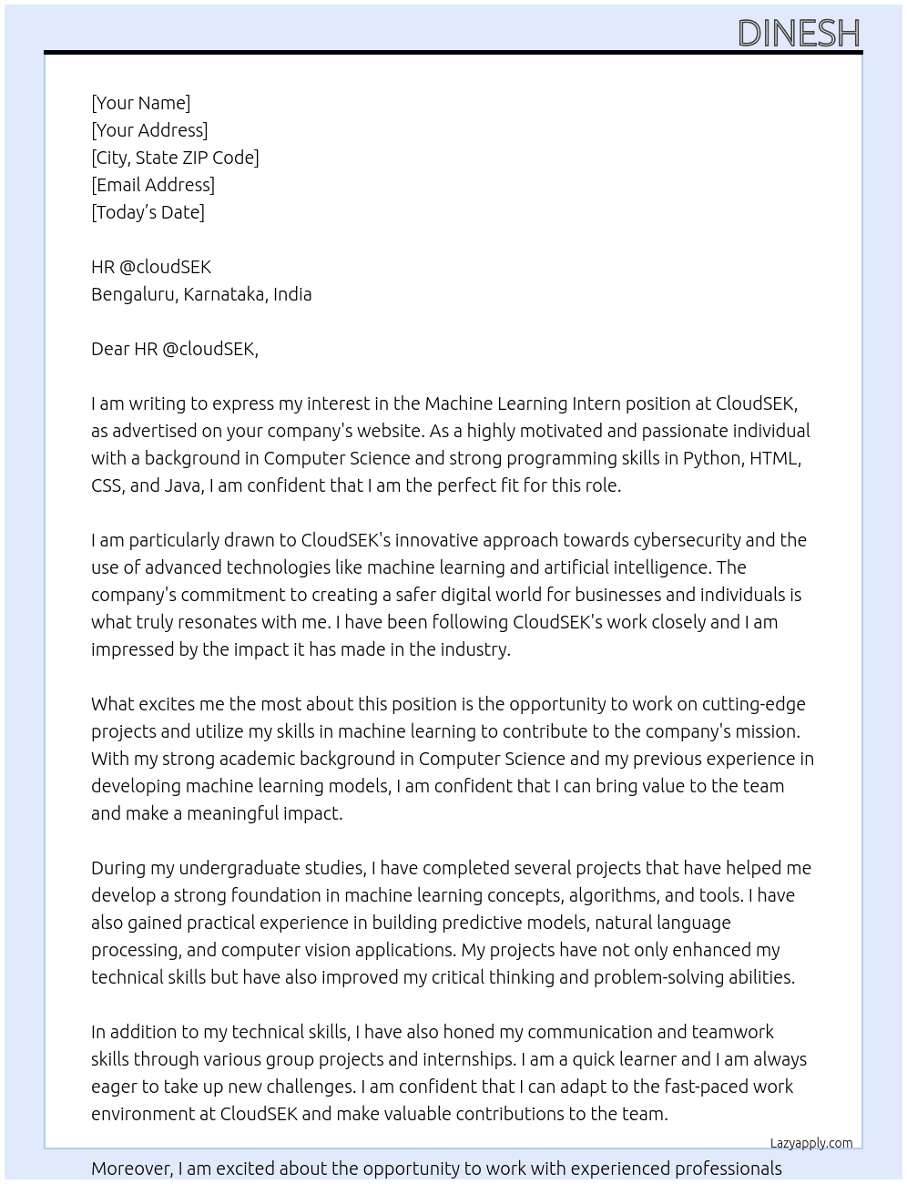 Machine Learning Intern At CloudSEK Cover Letter