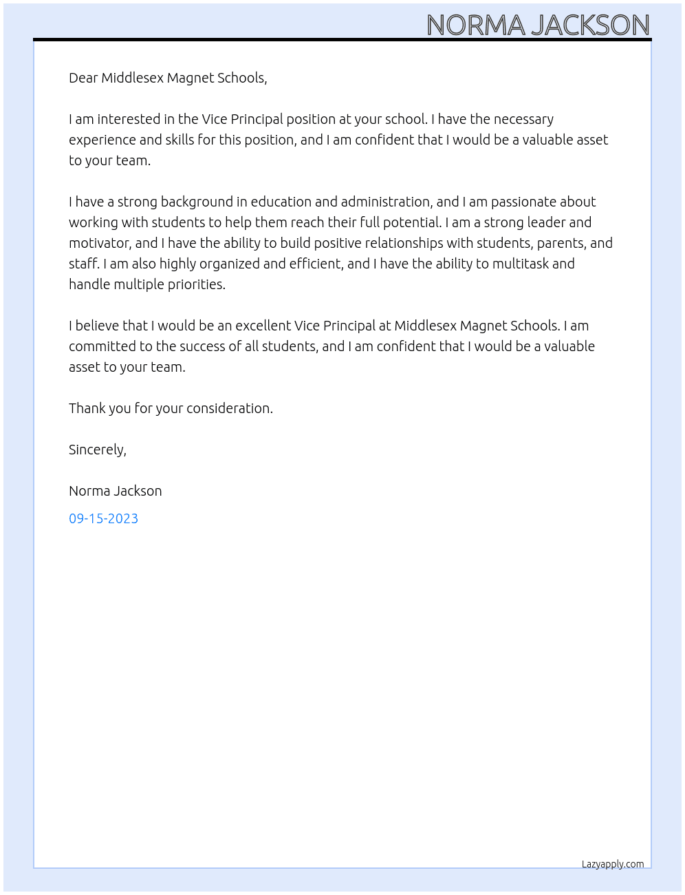VIce Principal  At Middlesex Magnet Schools Cover Letter