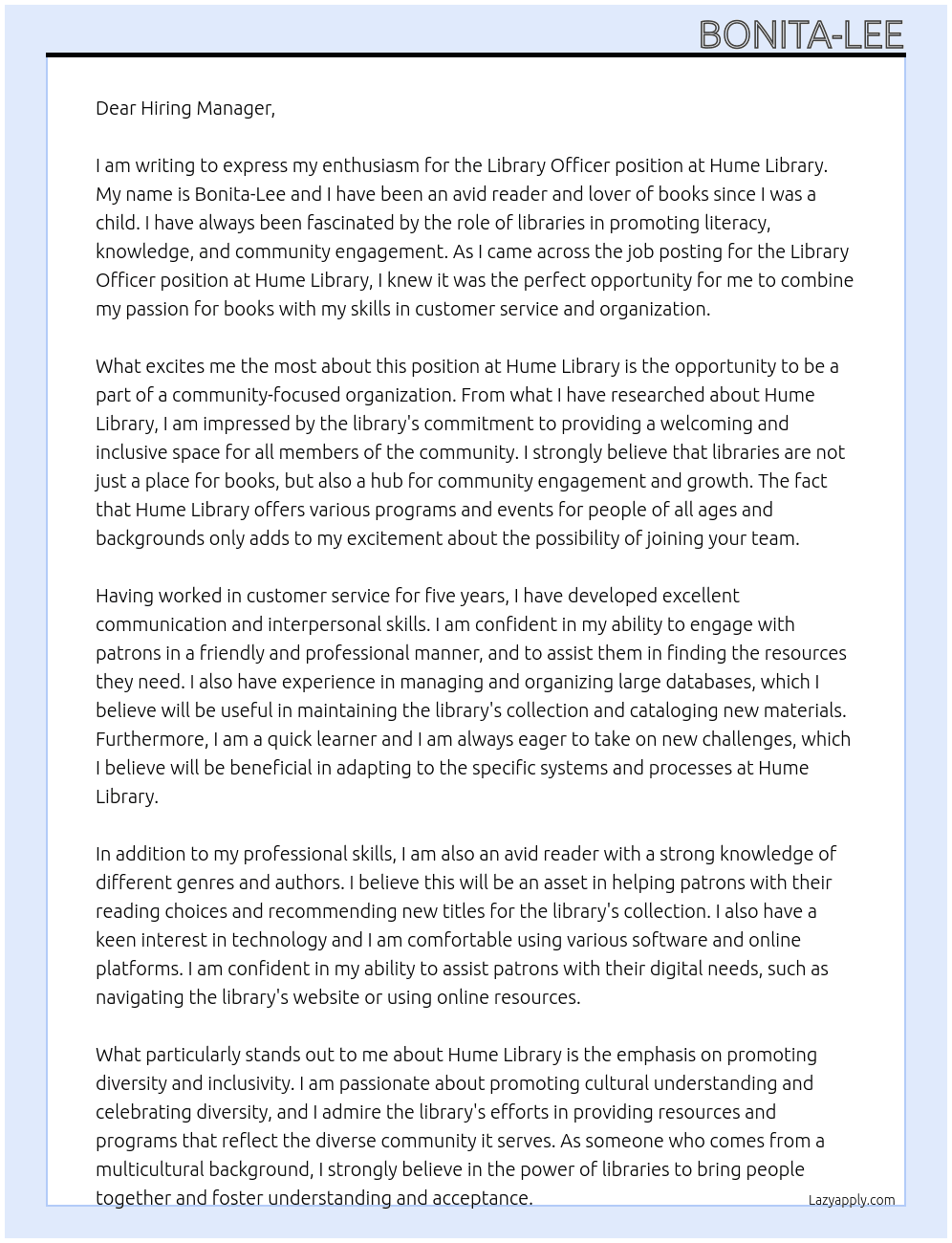 library officer At Hume Library  Cover Letter