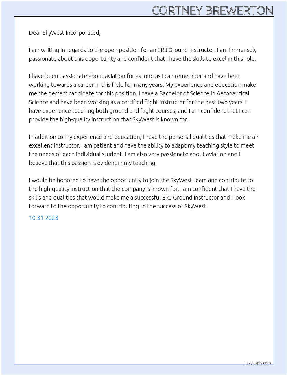ERJ Ground Instructor At SkyWest Incorporated Cover Letter