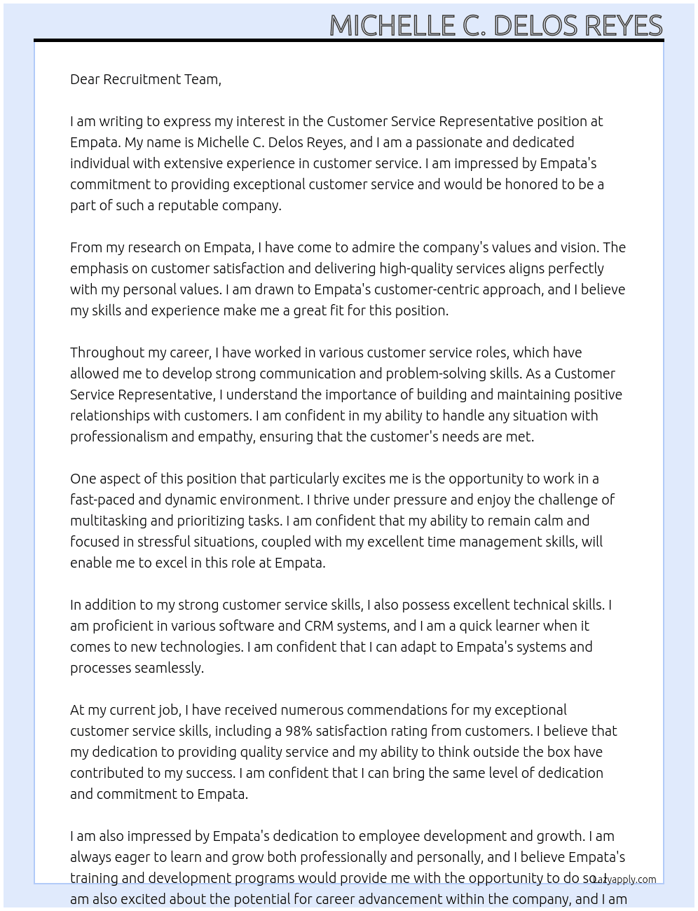 Customer service representative At Empata Cover Letter