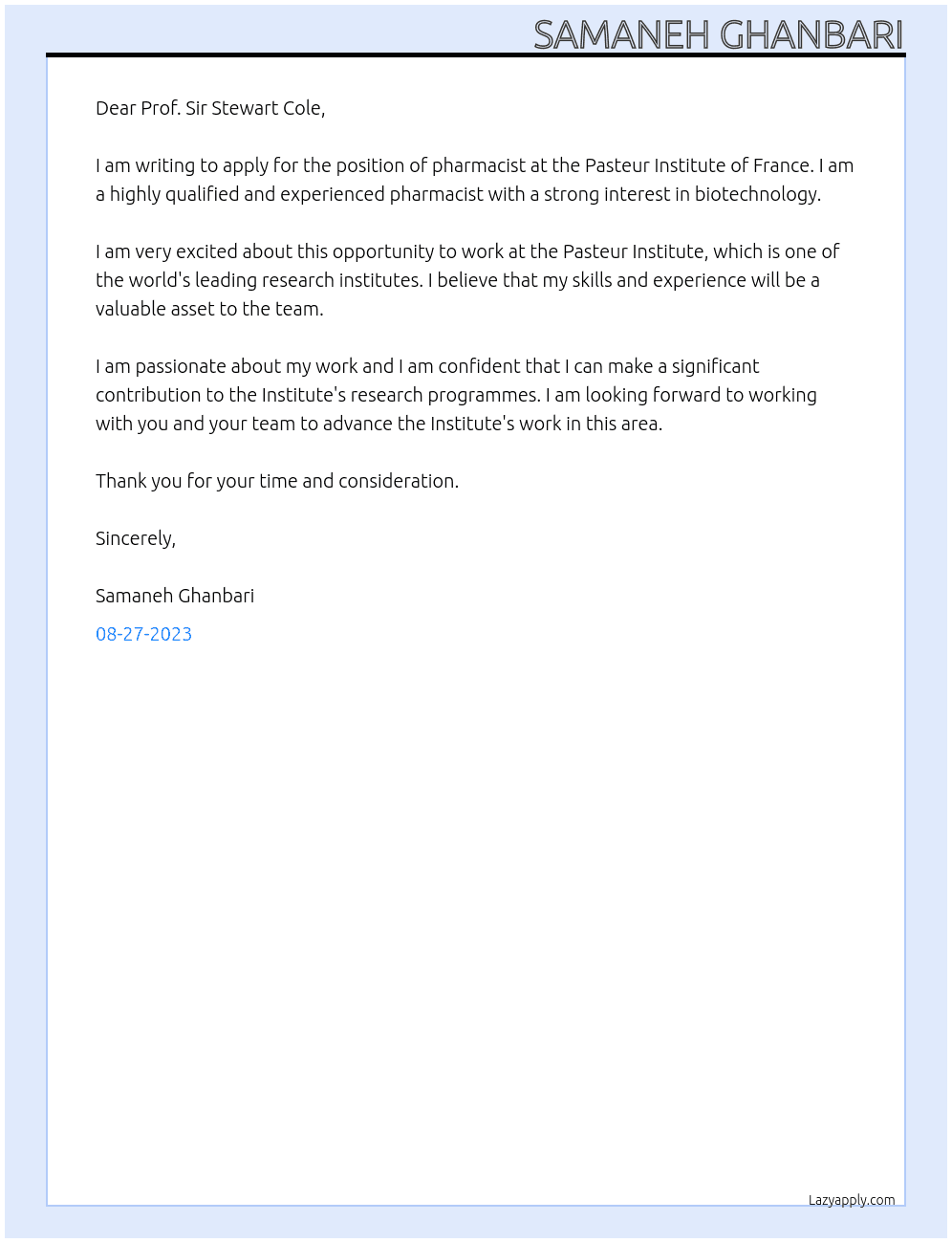 pharmacist, biotechnologist At pasteur institute of France Cover Letter