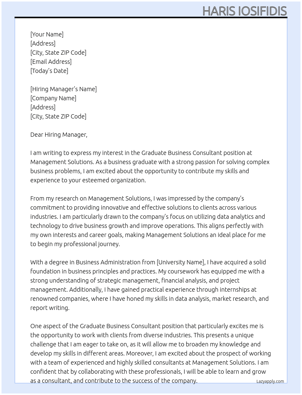 Graduate Business Consultant At Management Solutions Cover Letter