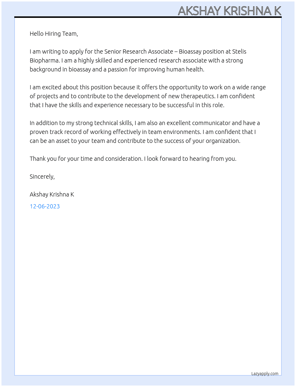 Senior Research Associate – Bioassay At Stelis Biopharma Cover Letter