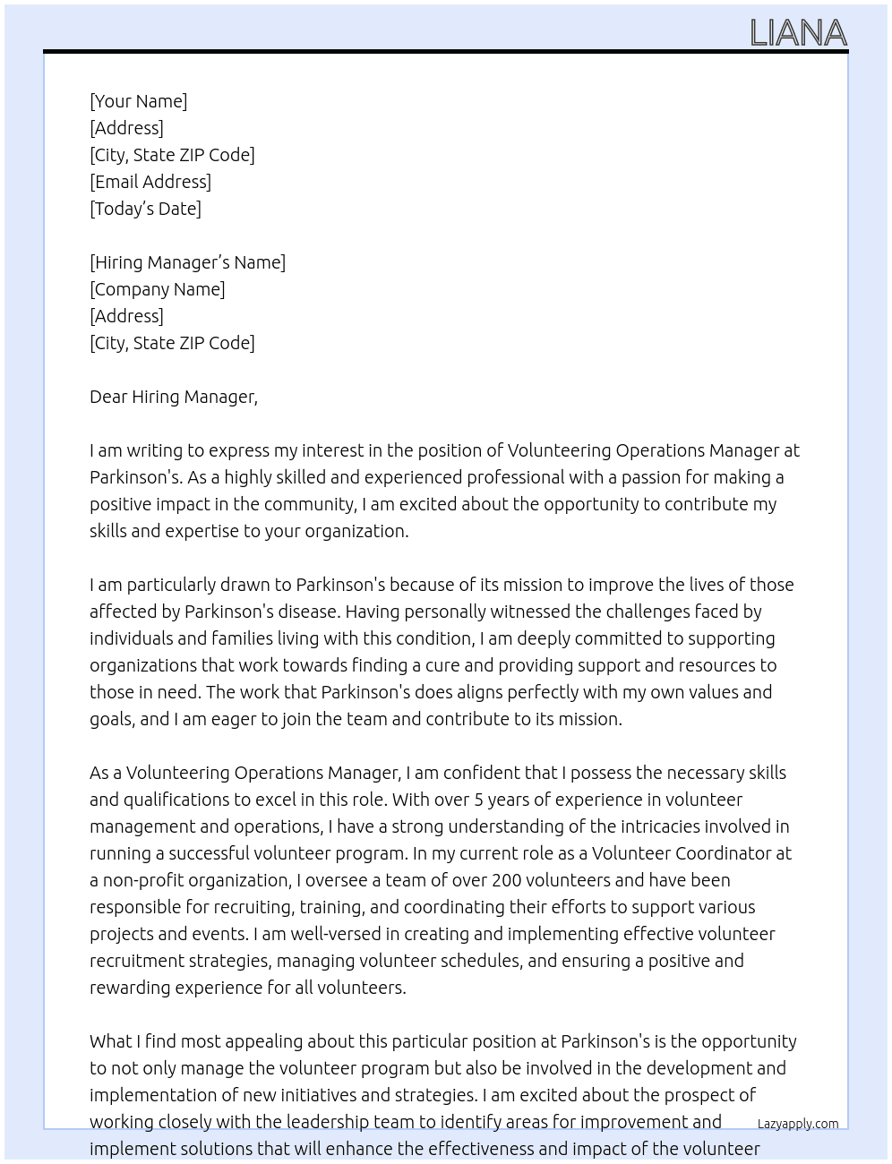 Volunteering Operations Manager At Parkinson's Cover Letter
