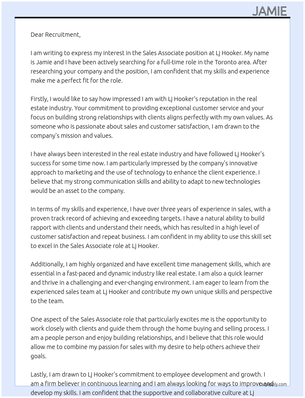 Sales Associate At Lj Hooker Cover Letter