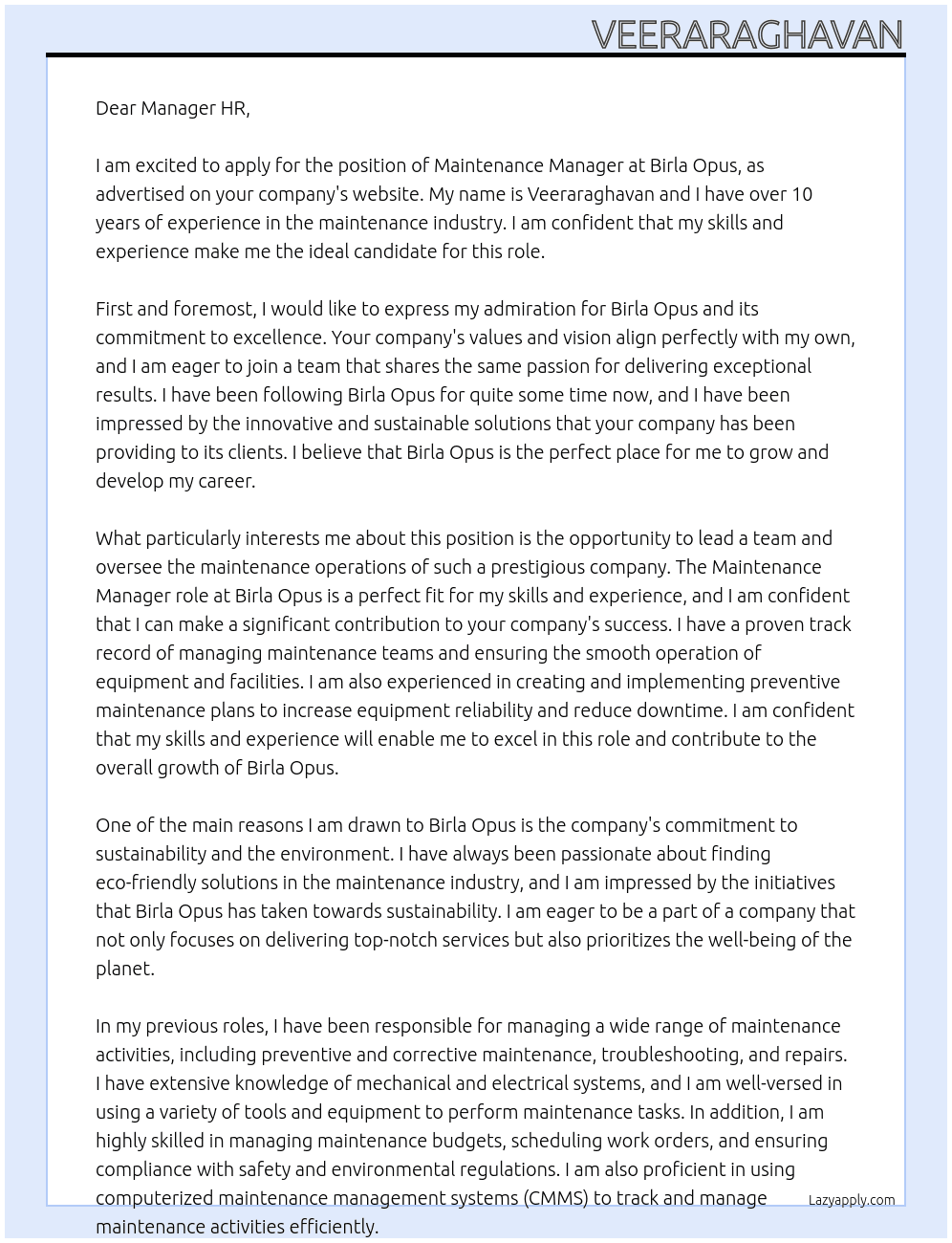 MAINTENANCE MANAGER  At BIRLA OPUS Cover Letter