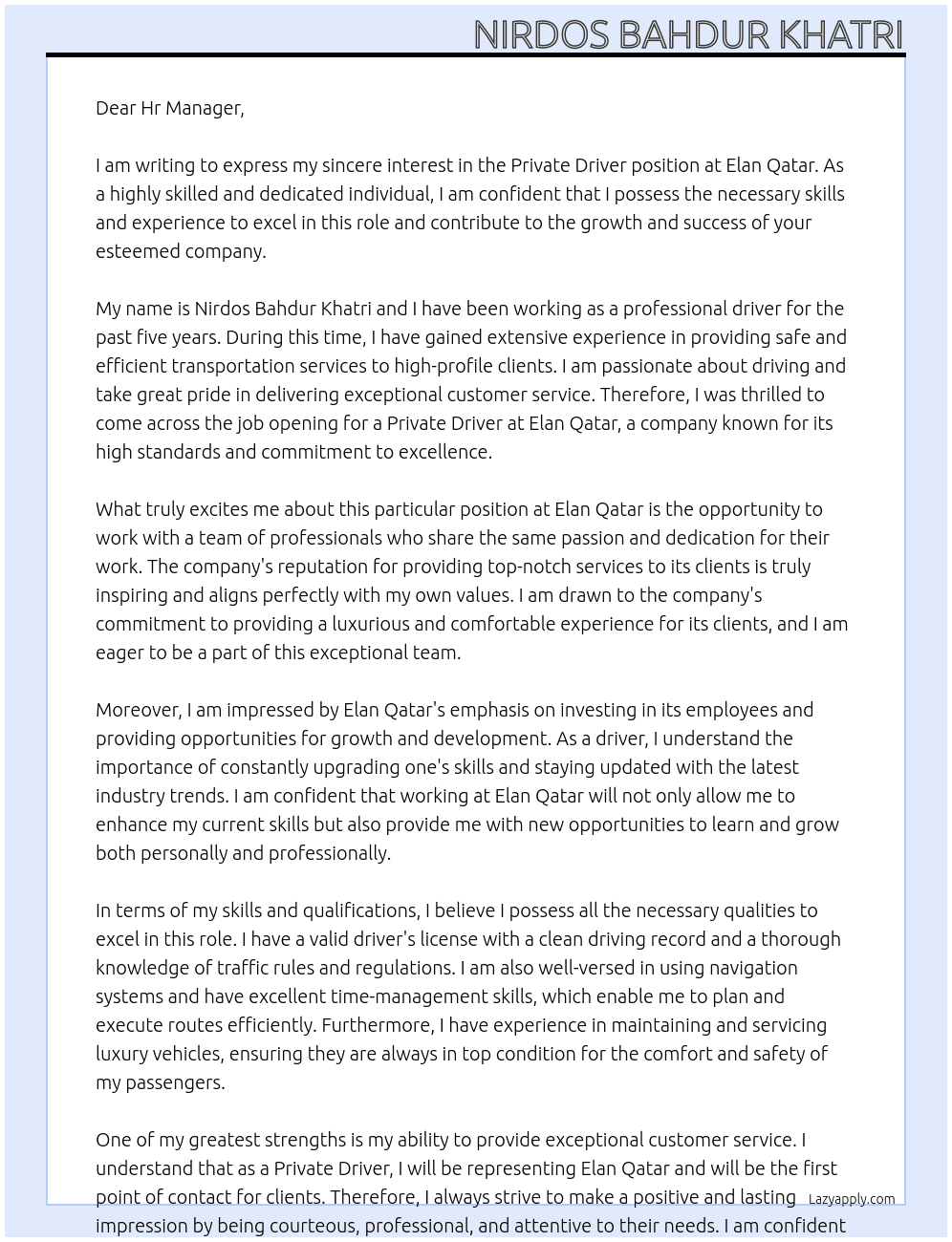 Private Driver At Elan qatar Cover Letter