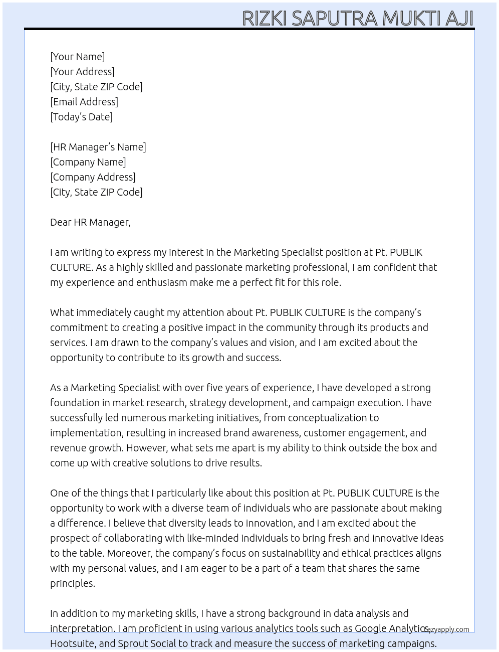 Marketing Specialist  At Pt. PUBLIK CULTURE  Cover Letter