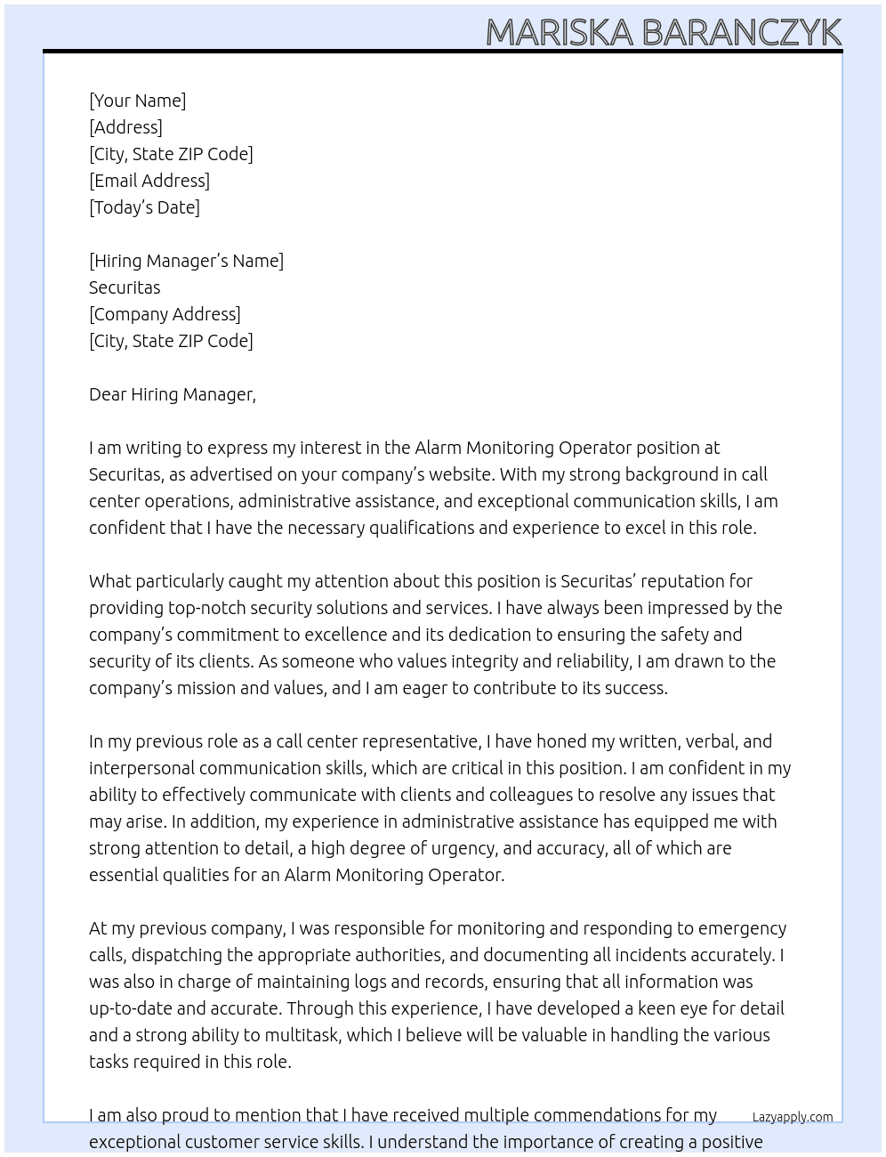 Alarm Monitoring Operator At Securitas Cover Letter