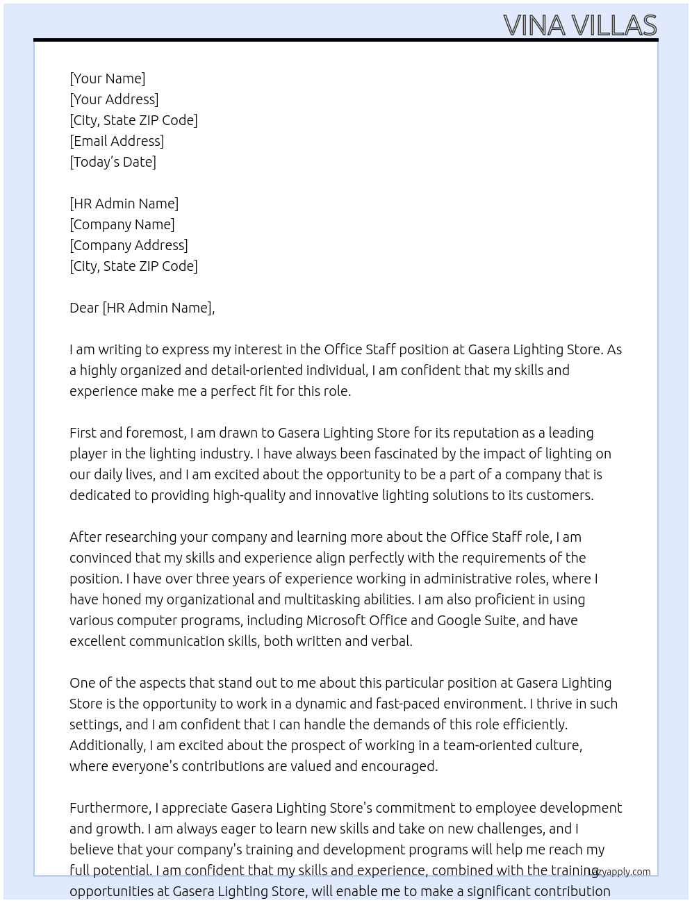 Office Staff At Gasera Lighting store Cover Letter