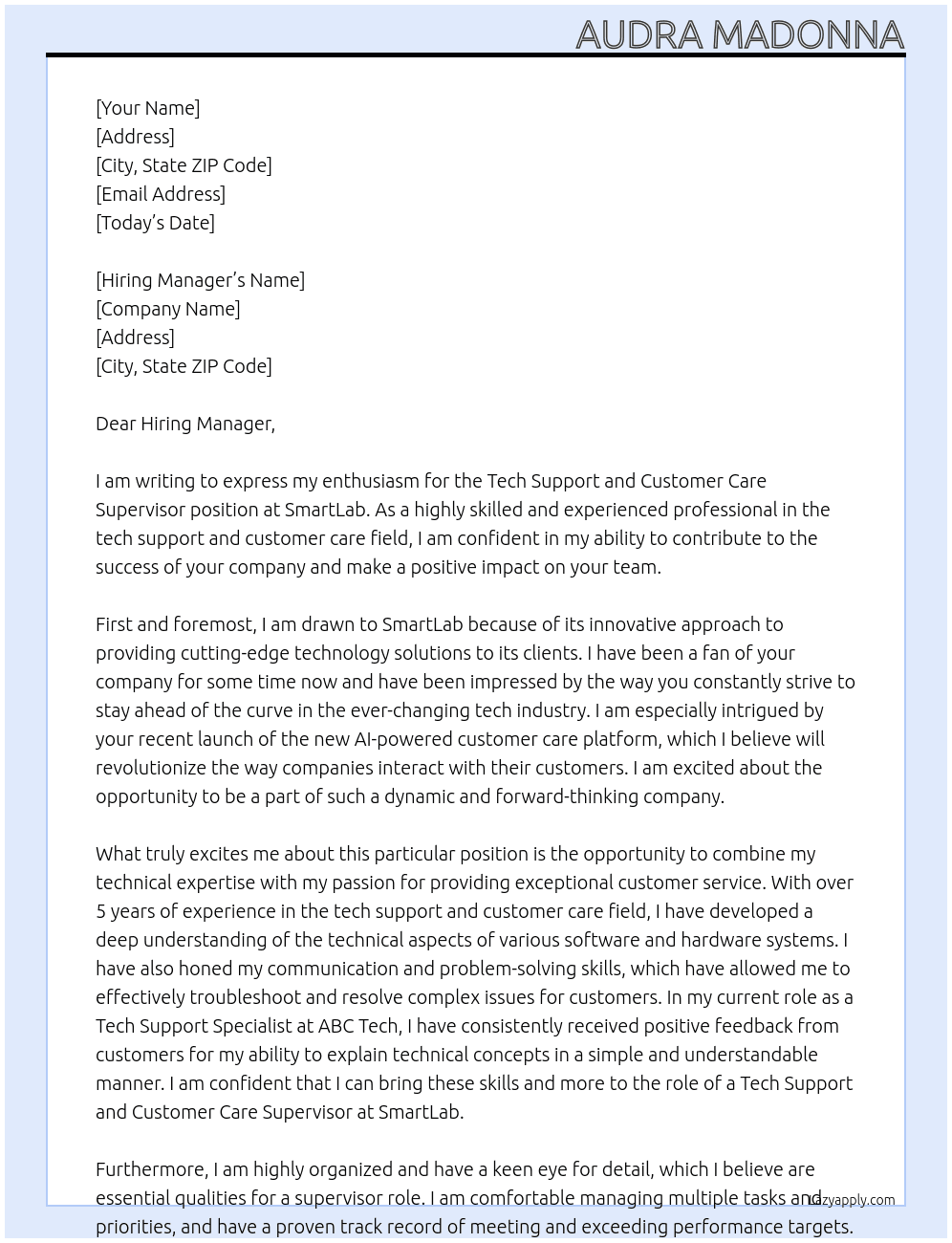 Tech Support and Customer Care Supervisor At SmartLab Cover Letter