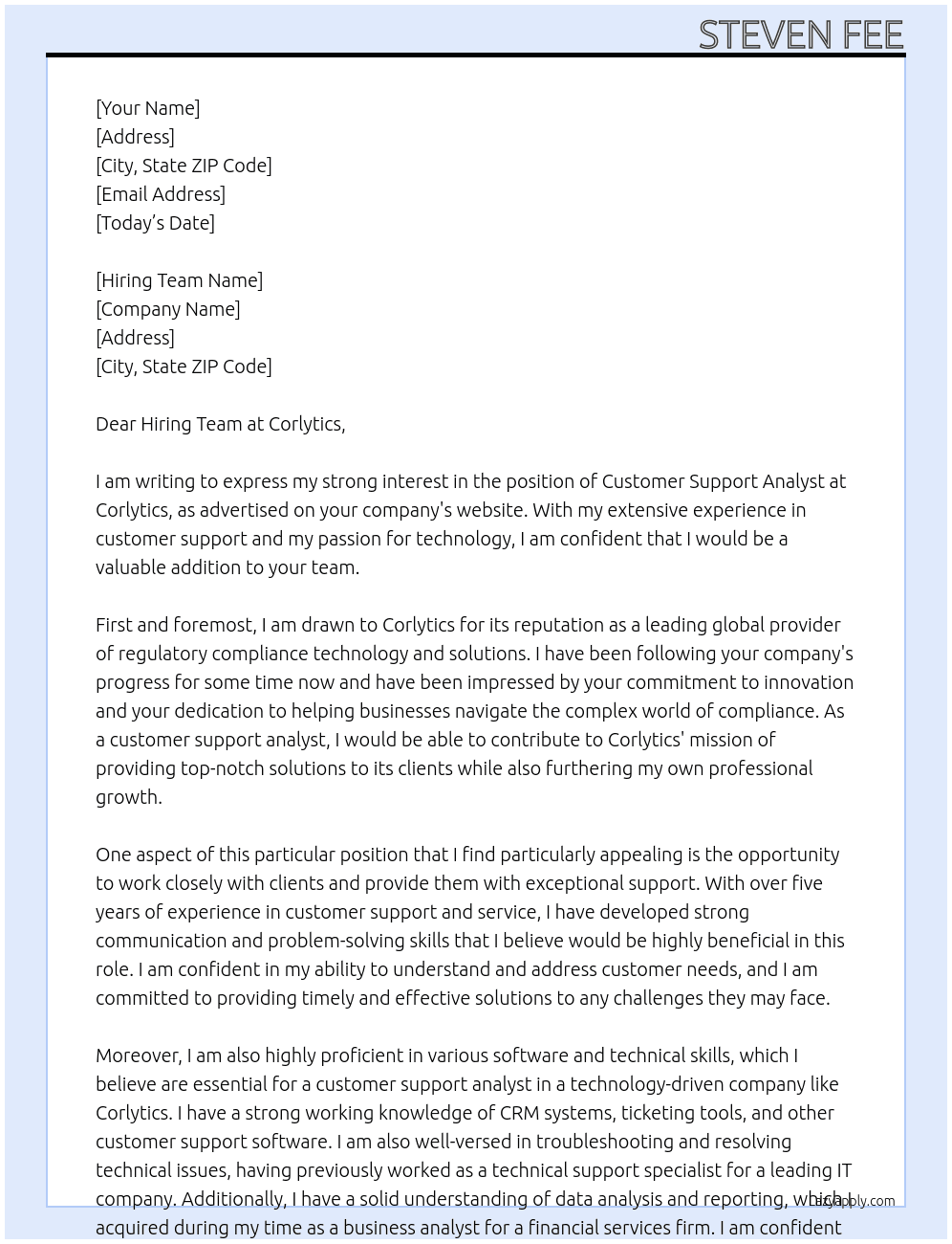 Customer support analyst  At Corlytics Cover Letter