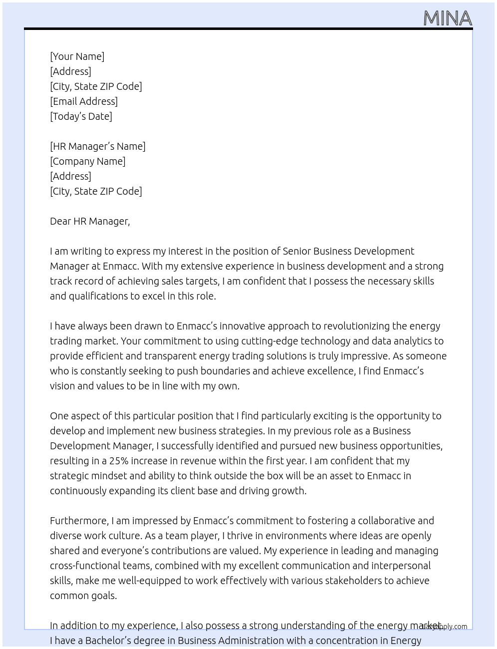 Senior Business Development Manager At Enmacc Cover Letter