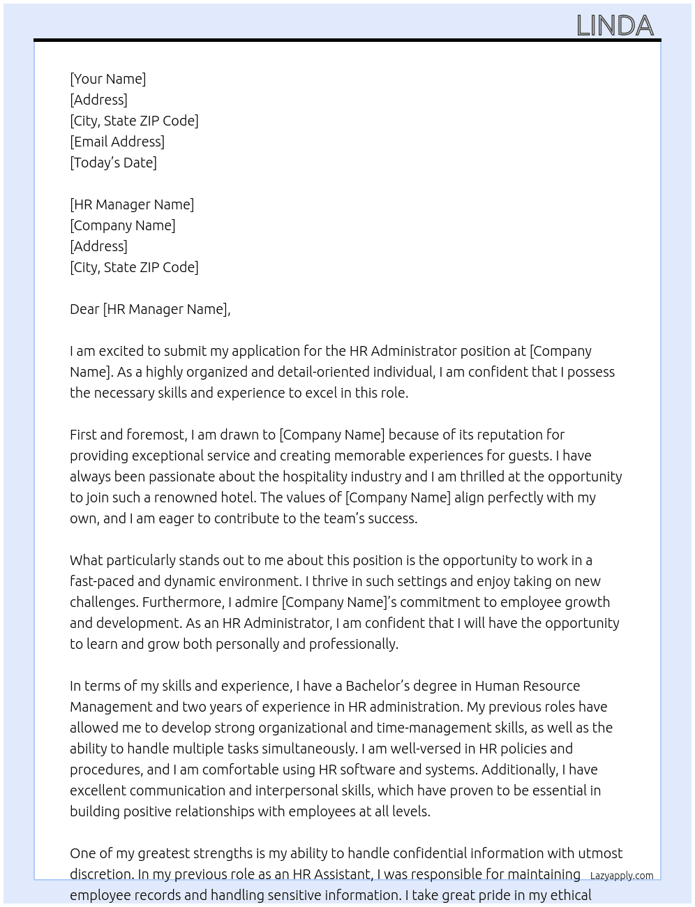 HR Administrator At Hotel Cover Letter