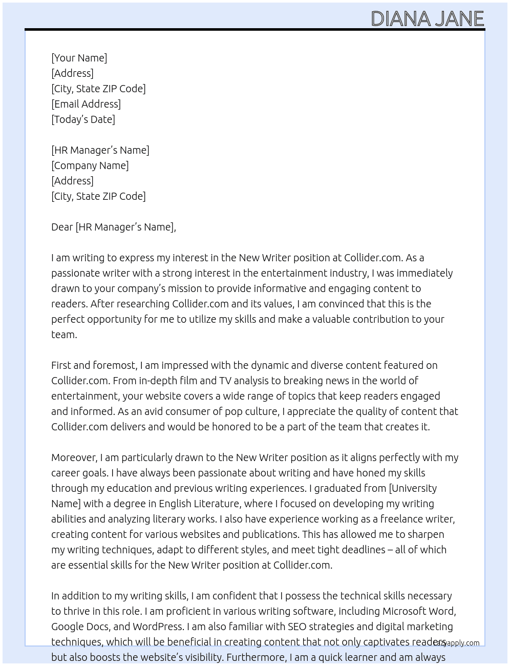 New Writer At Collider.com Cover Letter