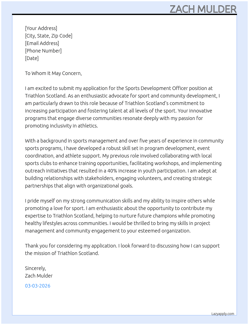 sports development officer At Triathlonscotland Cover Letter