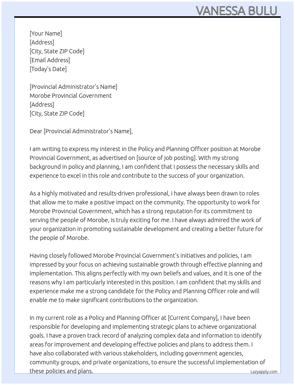 Policy and Planning Officer  At Morobe Provincial Government  Cover Letter