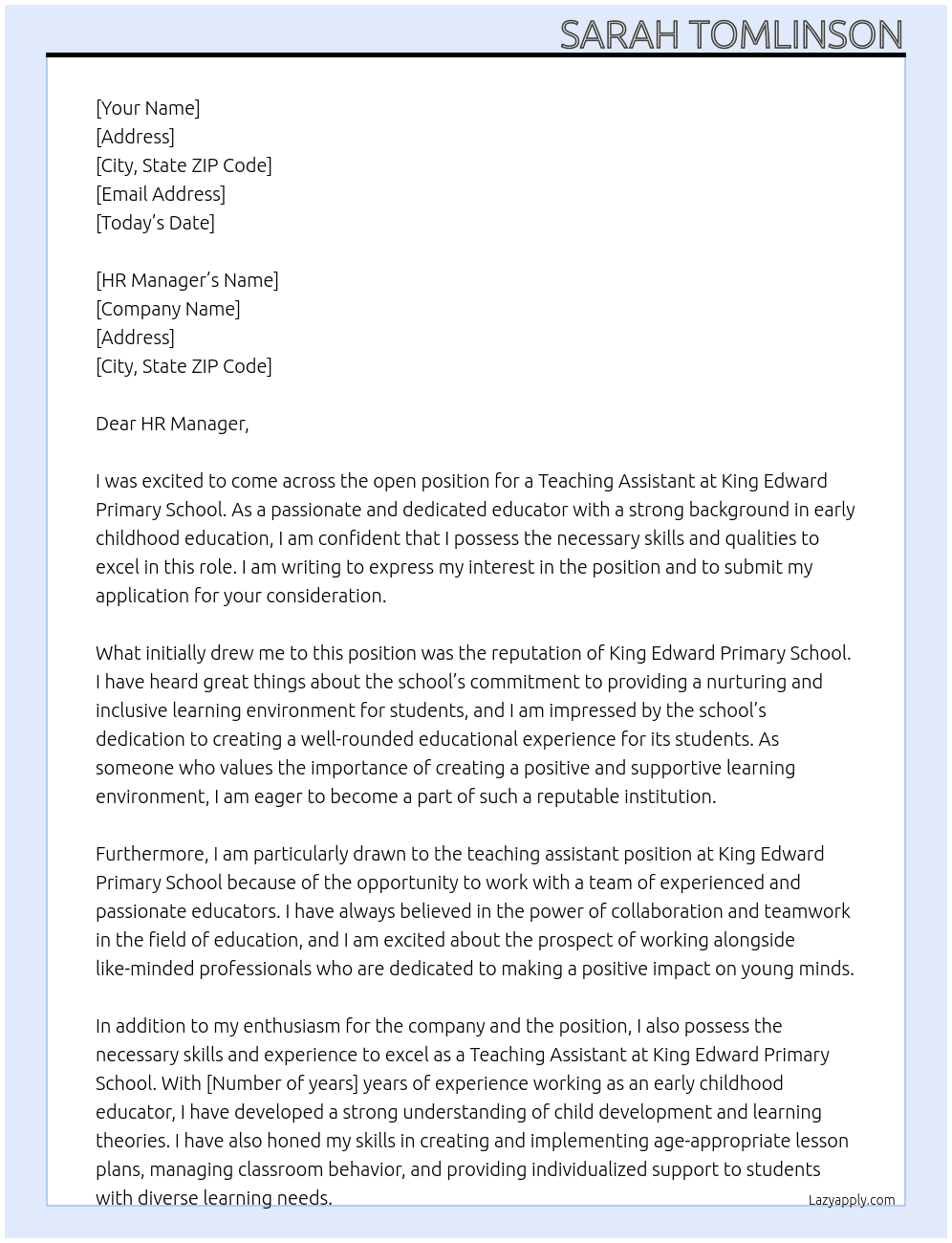 Teaching Assistant At King Edward Primary School Cover Letter